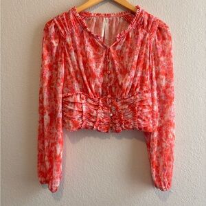 By Anthropologie Femme Ruched Cropped Long Sleeve Blouse Orange Floral Small